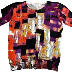Joseph A Cardigan Sweater Women's Petite S Colorful Abstract Print Artsy Buttons